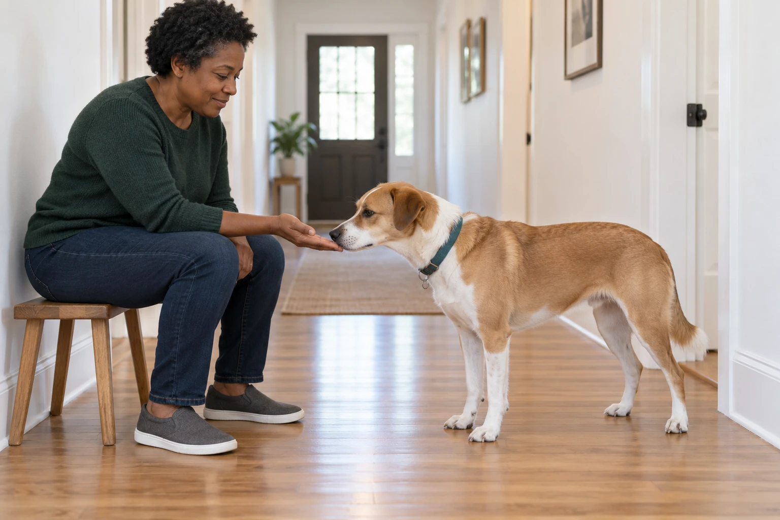 A tan-and-white dog leans forward to sniff an empty open palm while a handler sits on a stool.
