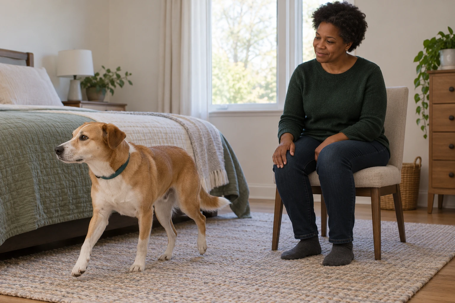 A tan-and-white dog steps away as its handler lowers her open hand to her lap.