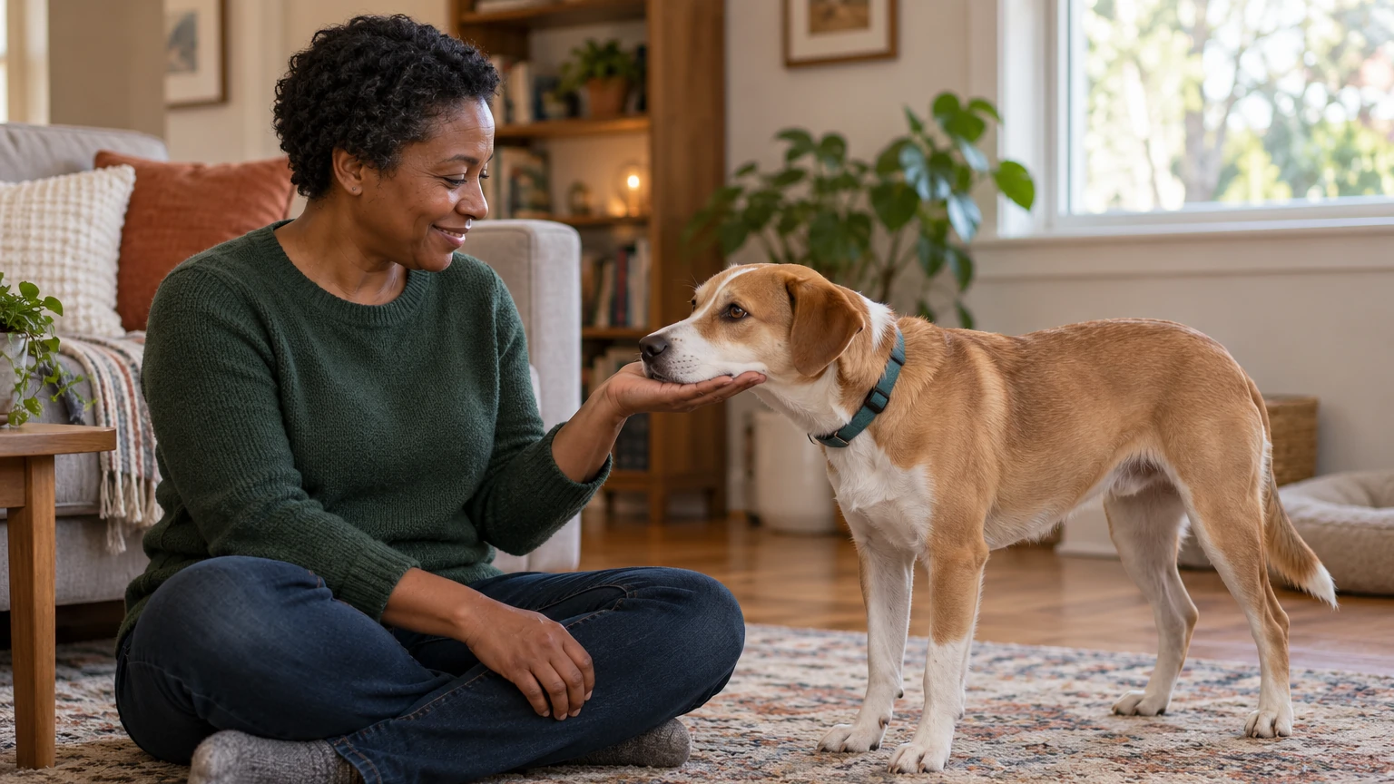 A tan-and-white dog rests its chin on a handler’s open palm while she sits on a rug.