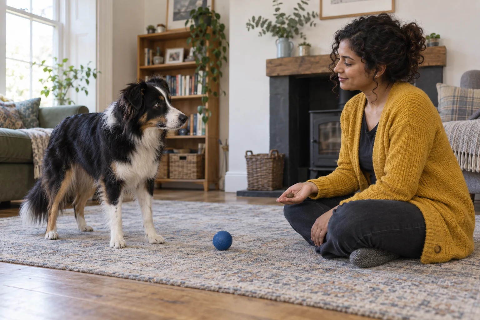 A woman sits on a rug with a food reward in her open hand while a tricolour dog stands near a blue ball.