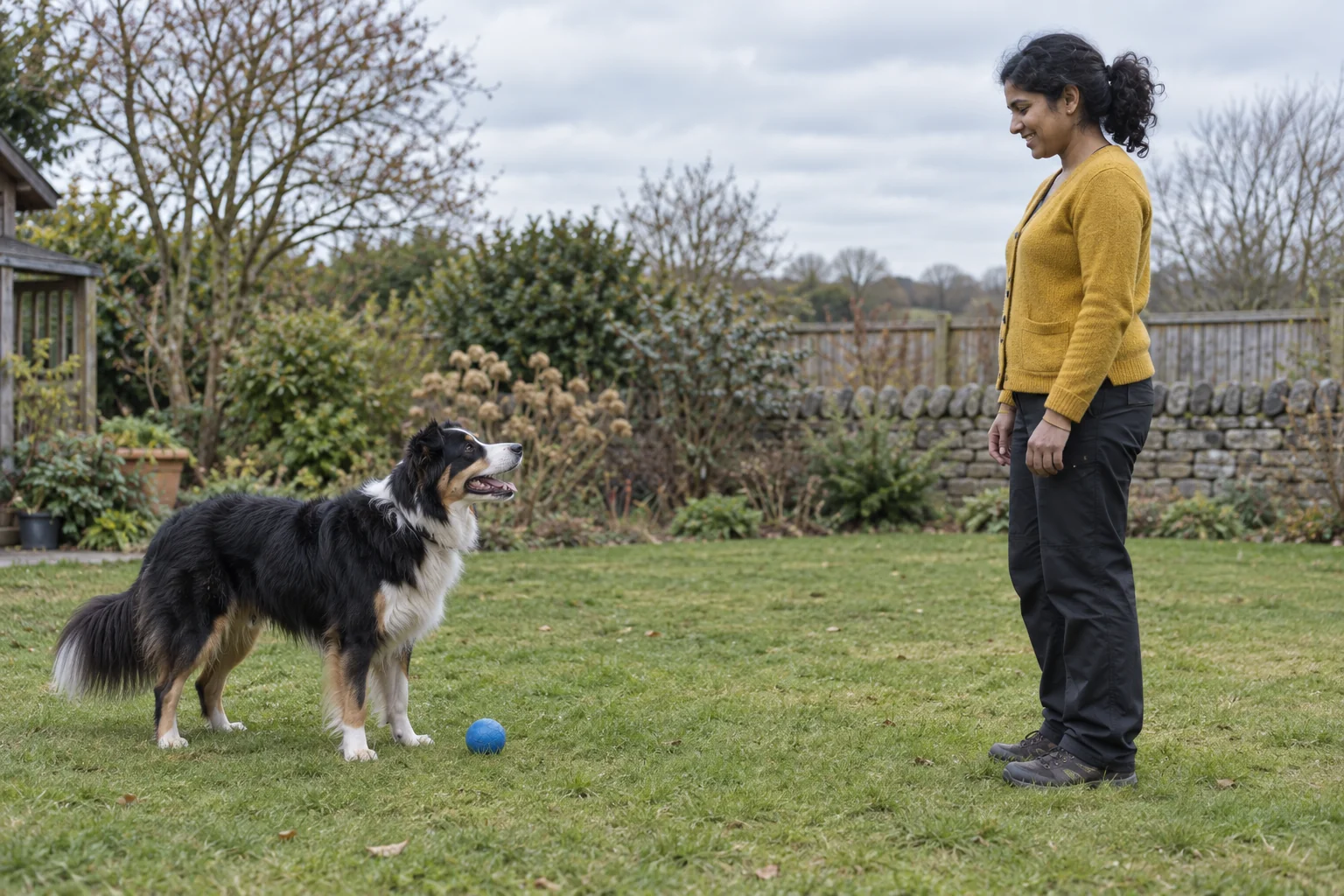 A tricolour dog stands beside a blue ball in a fenced garden while the woman waits several feet away.
