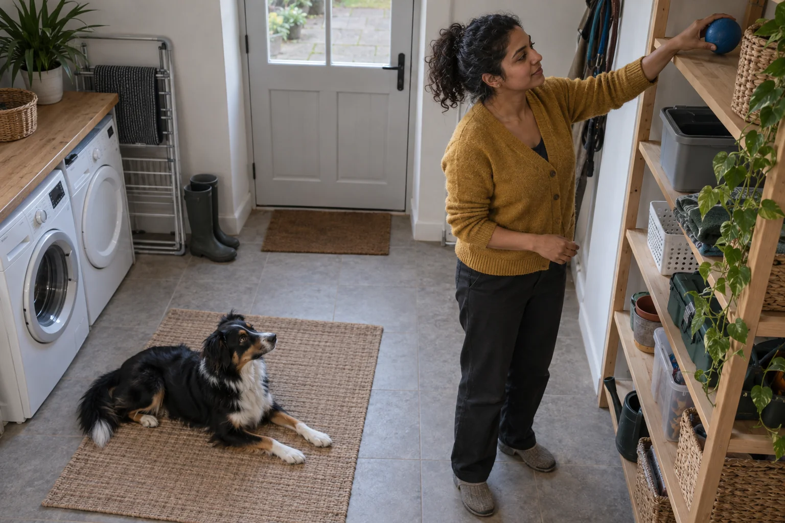 A tricolour dog lies on a utility-room mat while the woman places a blue ball on a shelf.