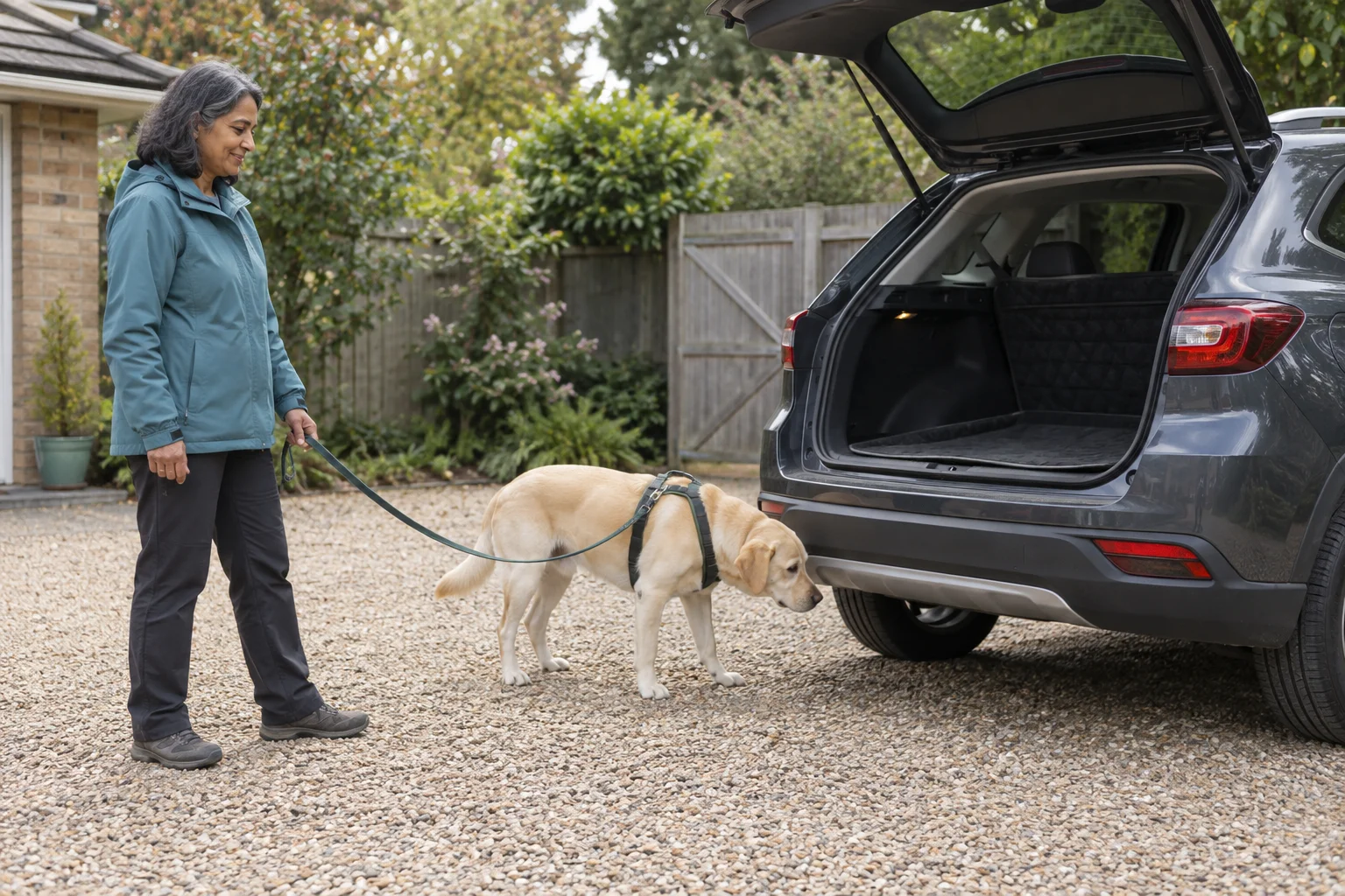 A cream-coloured dog in a harness has its nose near the rear bumper of a parked car while a woman holds a slack lead.
