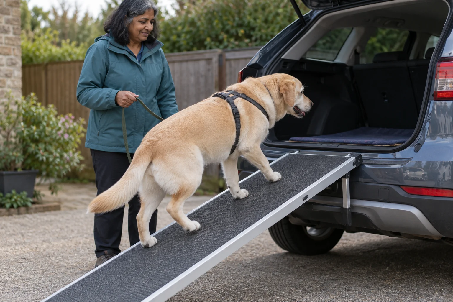 A cream-coloured dog stands on a broad ramp at the open rear of a parked car, with its handler alongside.