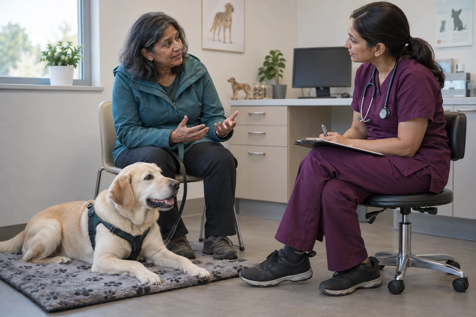 A cream-coloured dog lies on a mat beside its handler as she speaks with a vet.