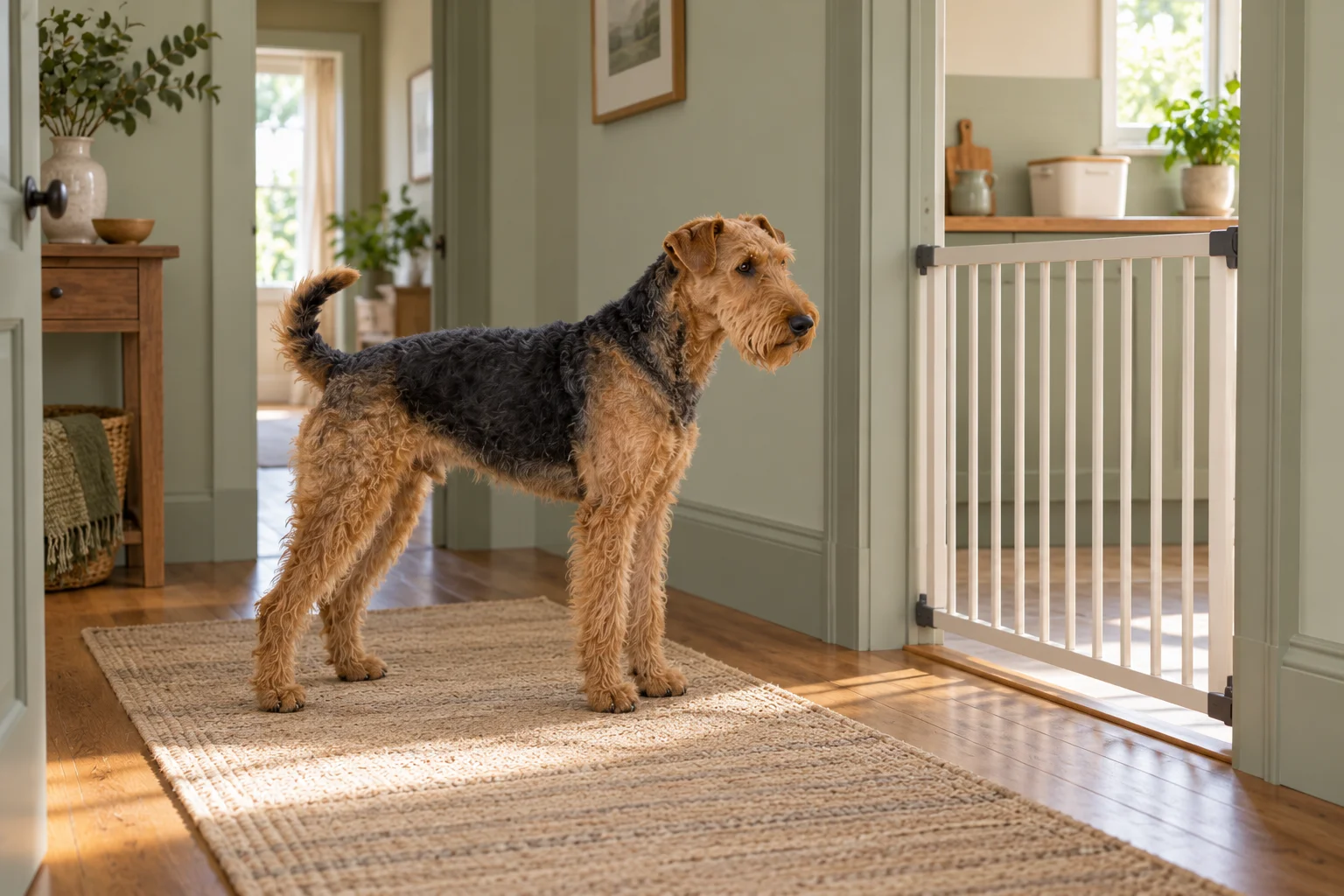 An Airedale stands on a hallway rug beside a gate across a kitchen doorway; a closed storage container sits on the worktop beyond.