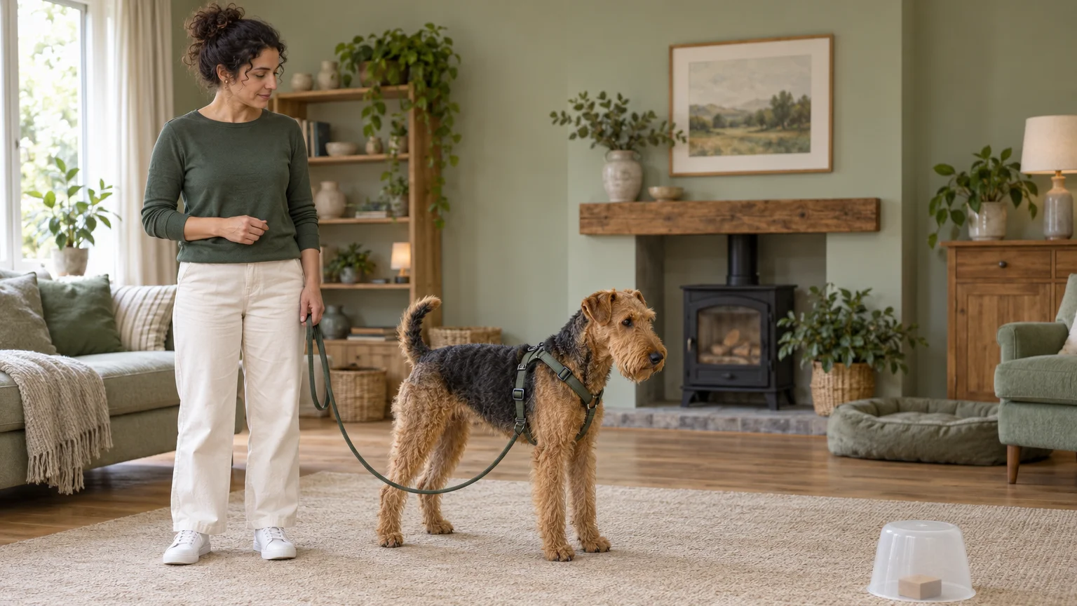 An Airedale in a harness stands beside a woman holding a slack lead, with a wooden block beneath a transparent cover on the floor.