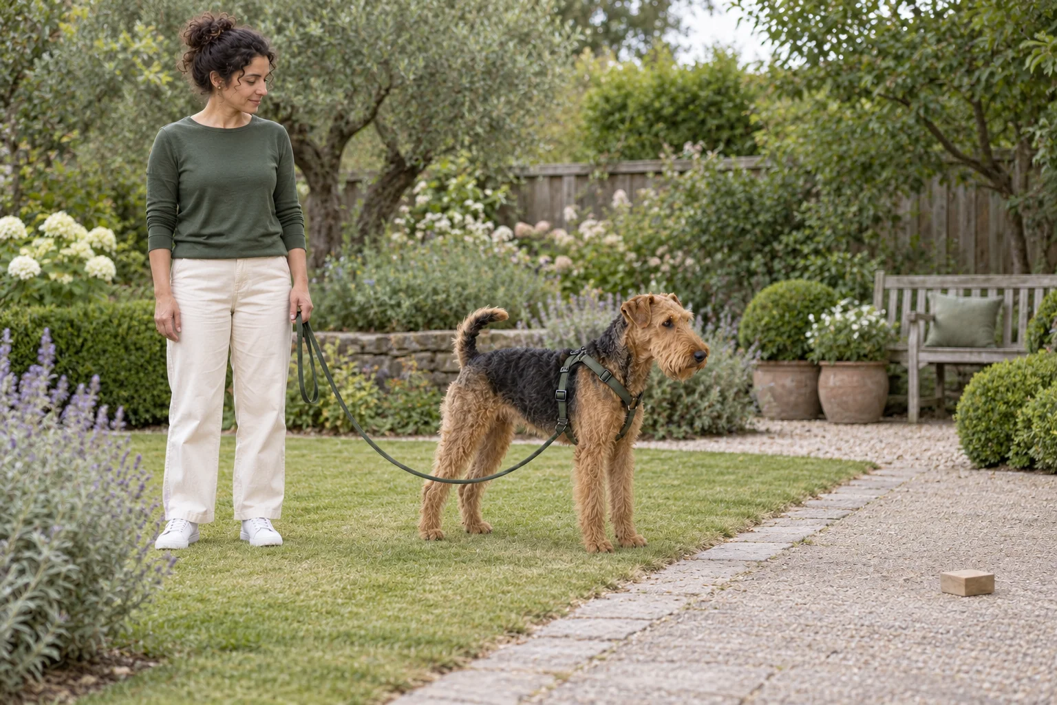 A woman holds a slack lead attached to an Airedale’s harness in a fenced garden, with a wooden block farther along the path.