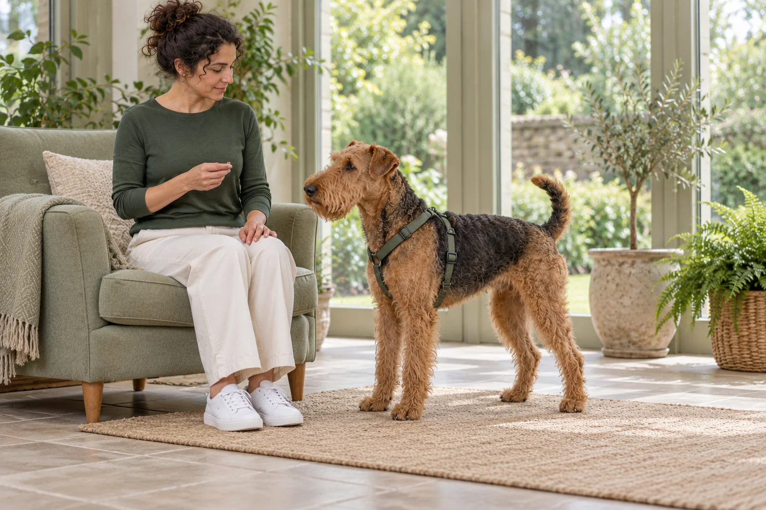 An Airedale stands beside a seated woman holding a small food piece, with her other hand resting on her knee.