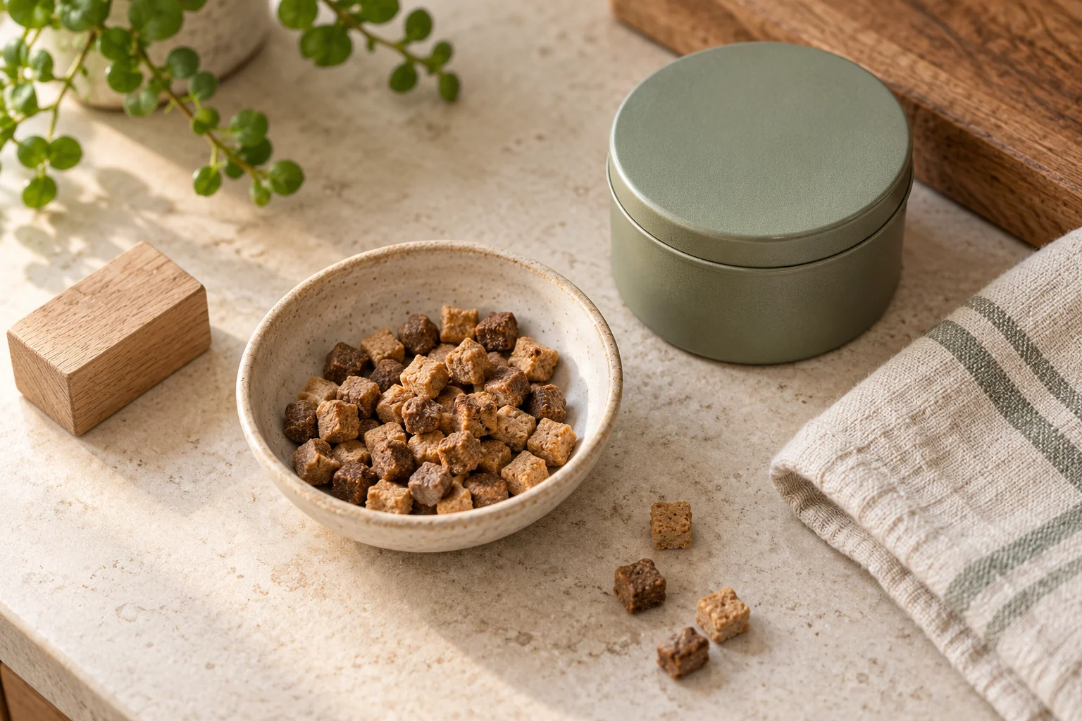 Small food pieces in a cream ceramic bowl beside a closed sage-green tin, folded towel and plain wooden block.