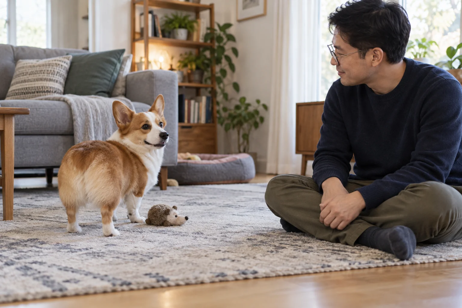 A red-and-white corgi mix turns towards its seated owner in a quiet living room.