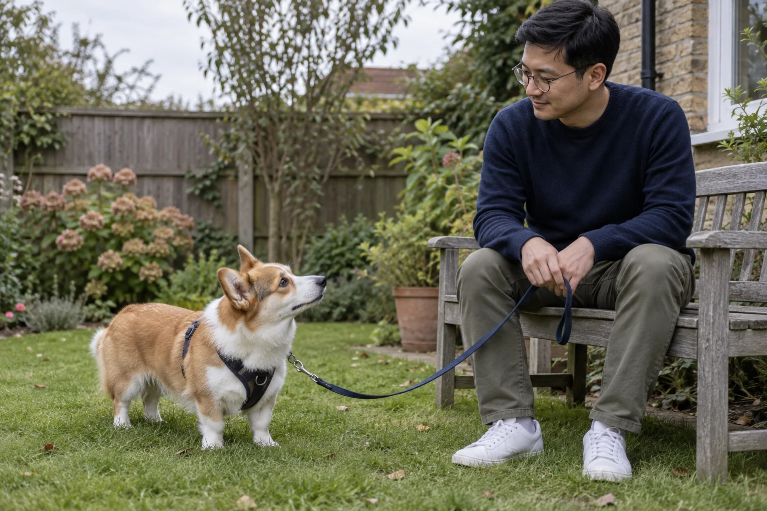 A corgi mix on a slack lead looks towards its handler in a quiet enclosed garden.