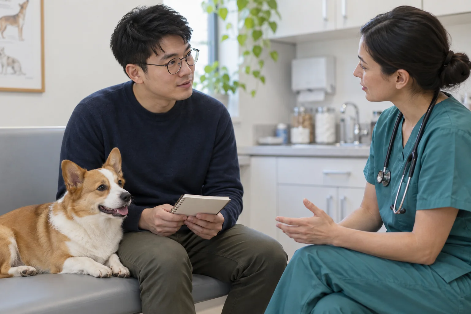 A corgi mix rests beside its owner while they talk with a veterinarian in a consultation room.