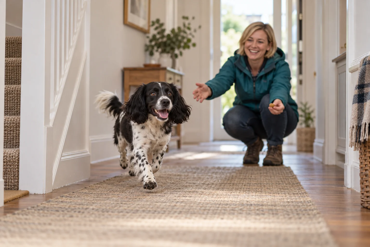 A spaniel runs happily to her owner during a safe indoor recall game.