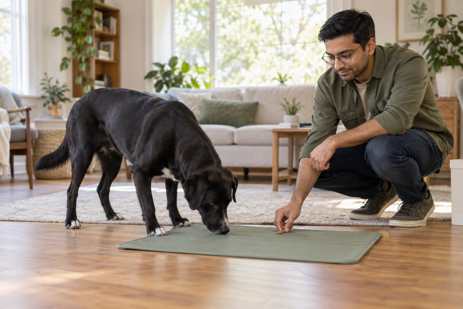 A black dog investigates a sage-green mat while its owner places a reward nearby.