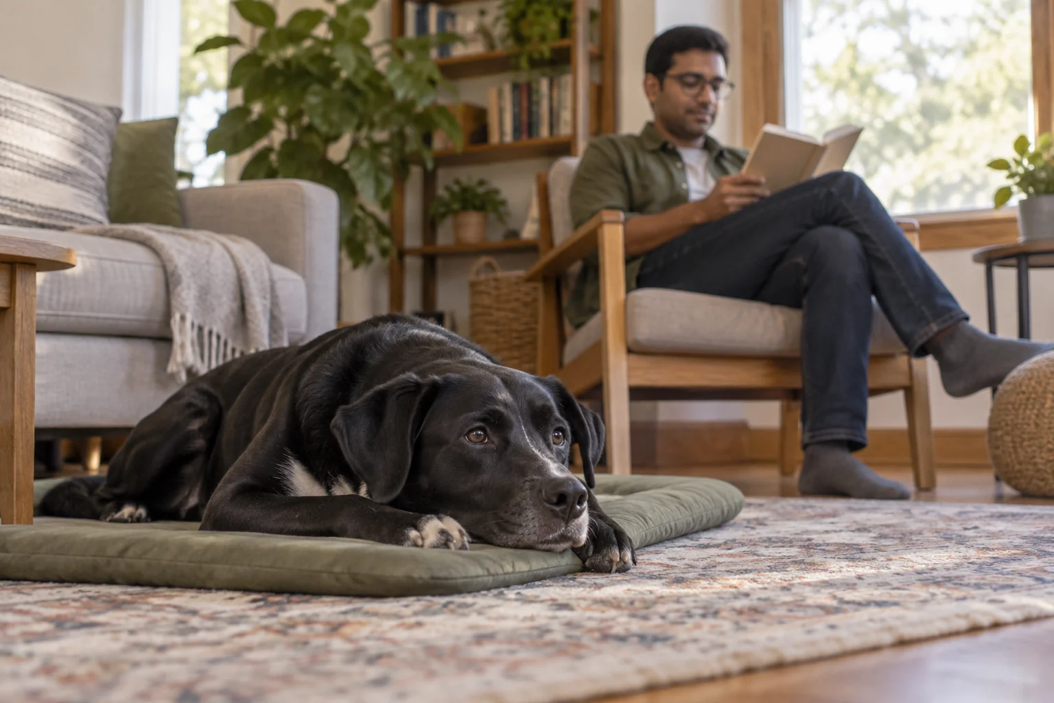 A black dog rests with its head down on a mat while its owner reads nearby.