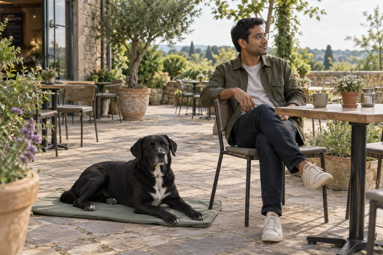A black dog settles on a mat beside its owner at a quiet outdoor café terrace.
