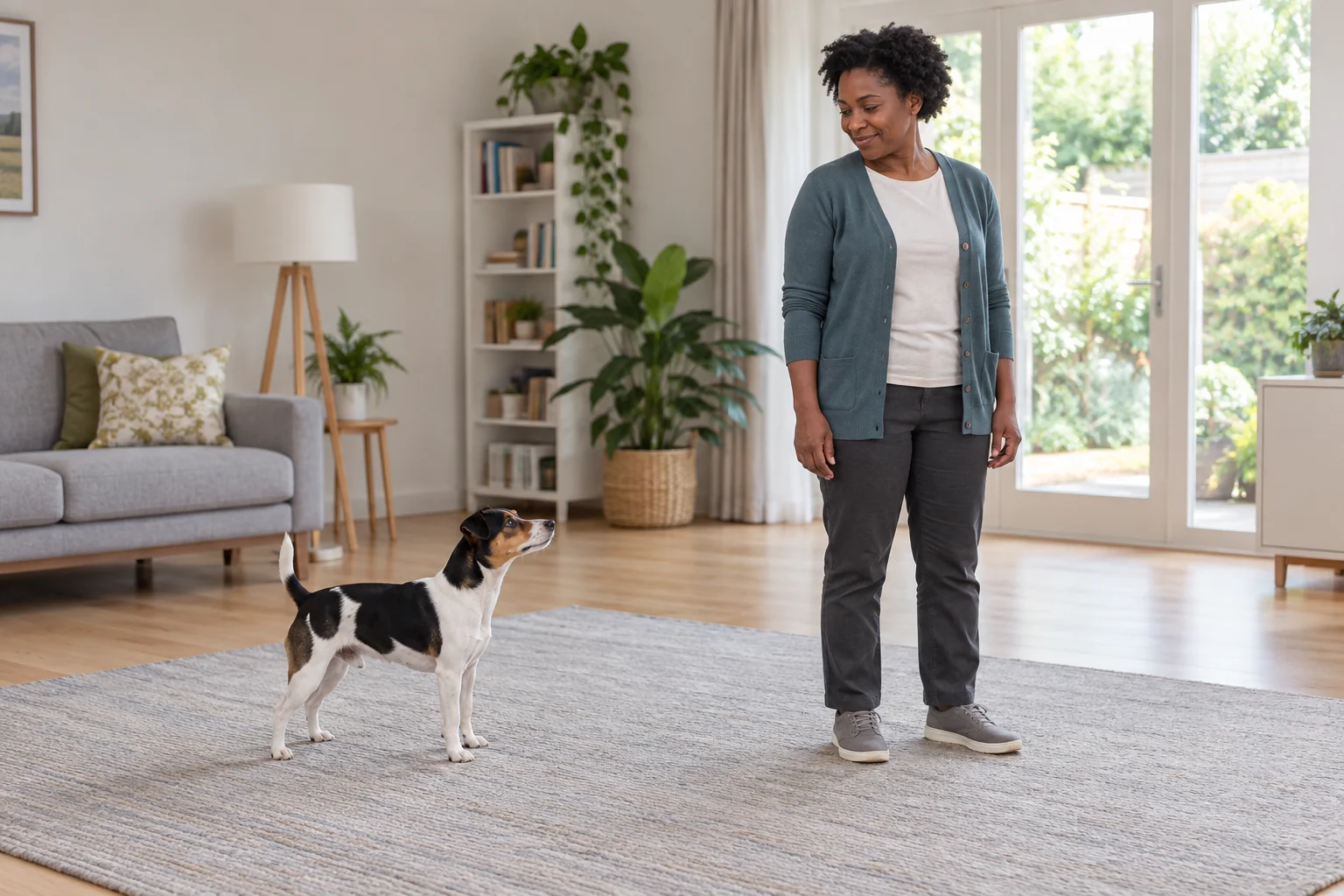 Tricolour terrier standing on a large rug with open space around it and its owner to one side.