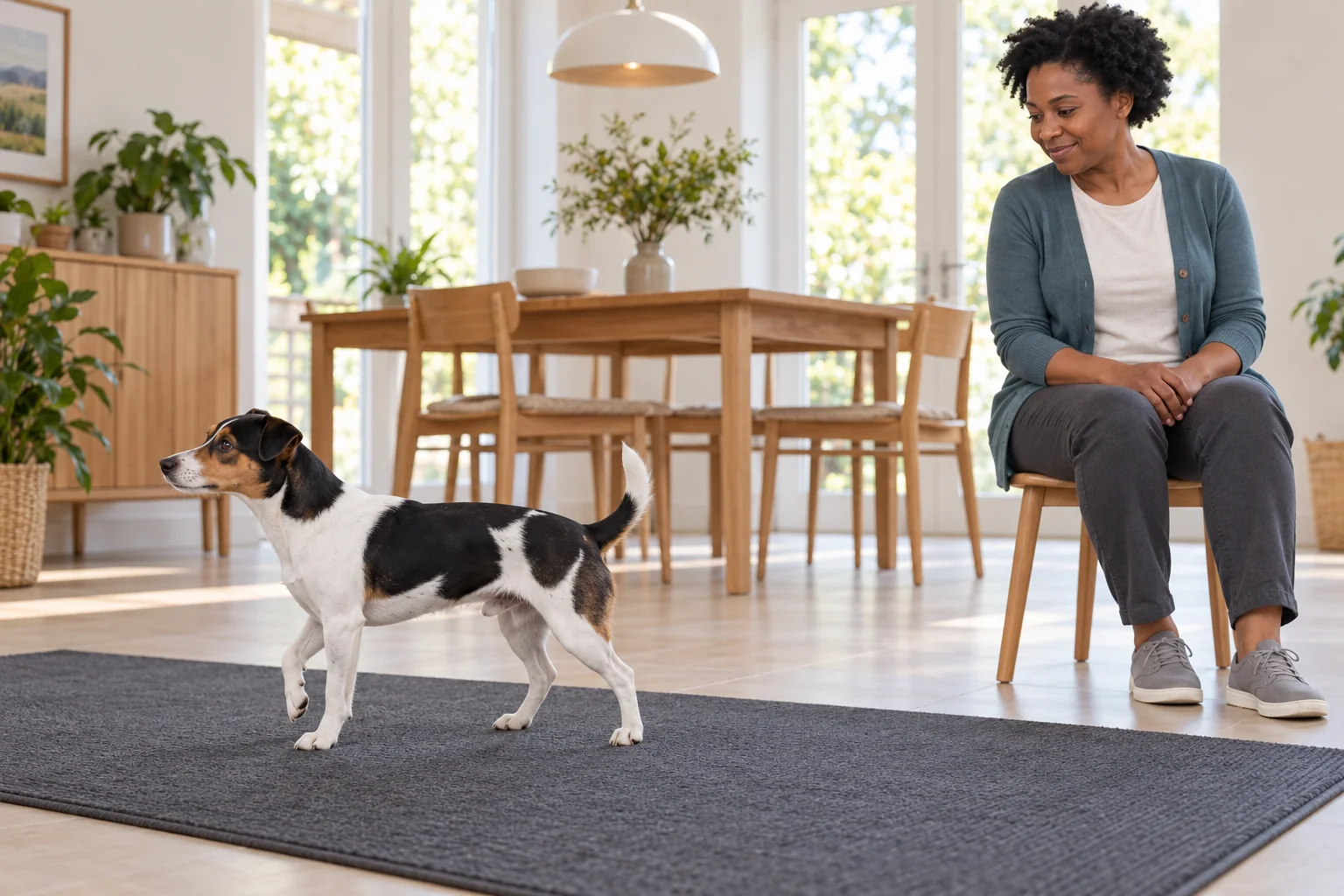 Side view of the terrier with one front paw lifted on a clear mat while its seated owner watches.