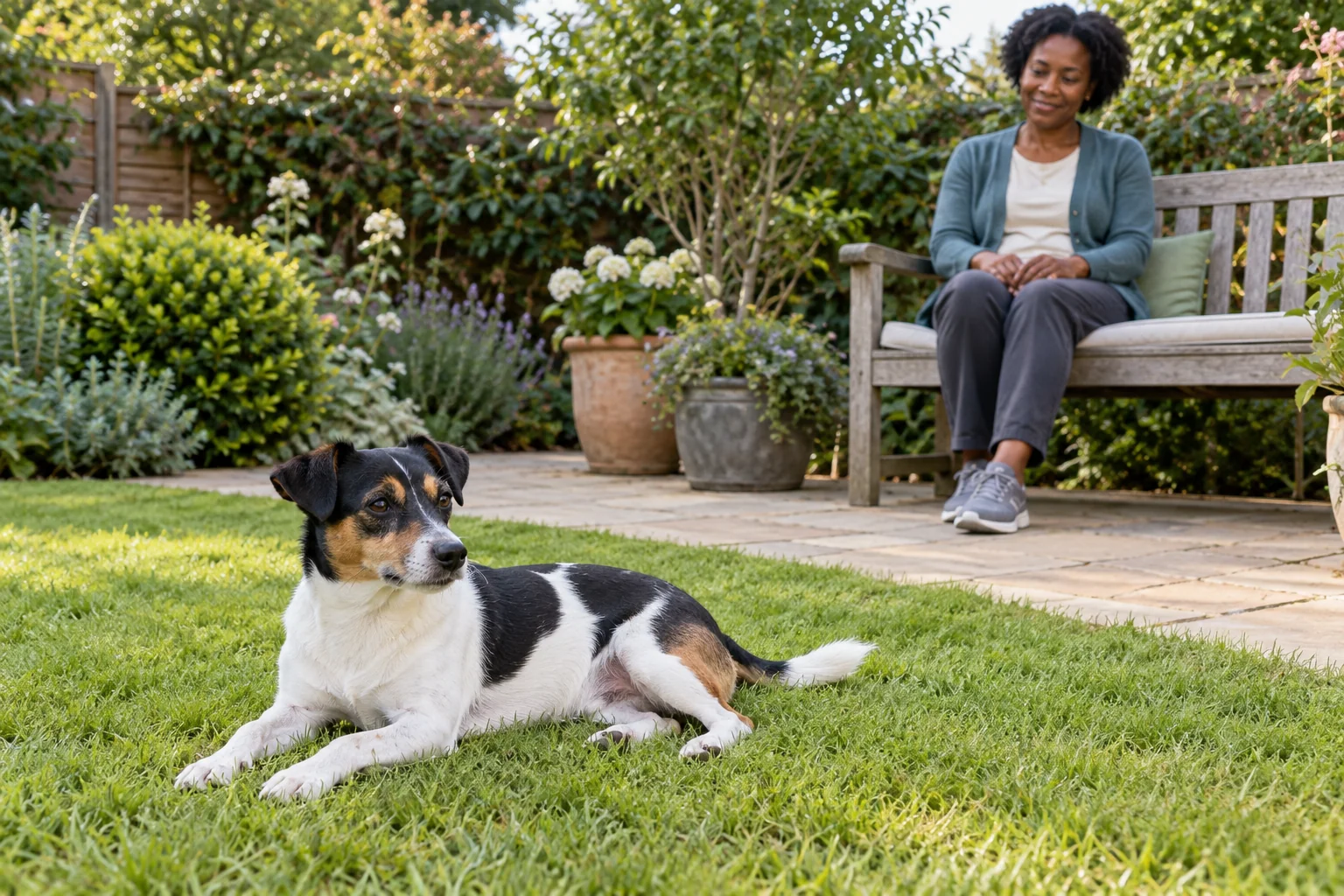 Tricolour terrier resting on grass while its owner sits on a garden bench nearby.