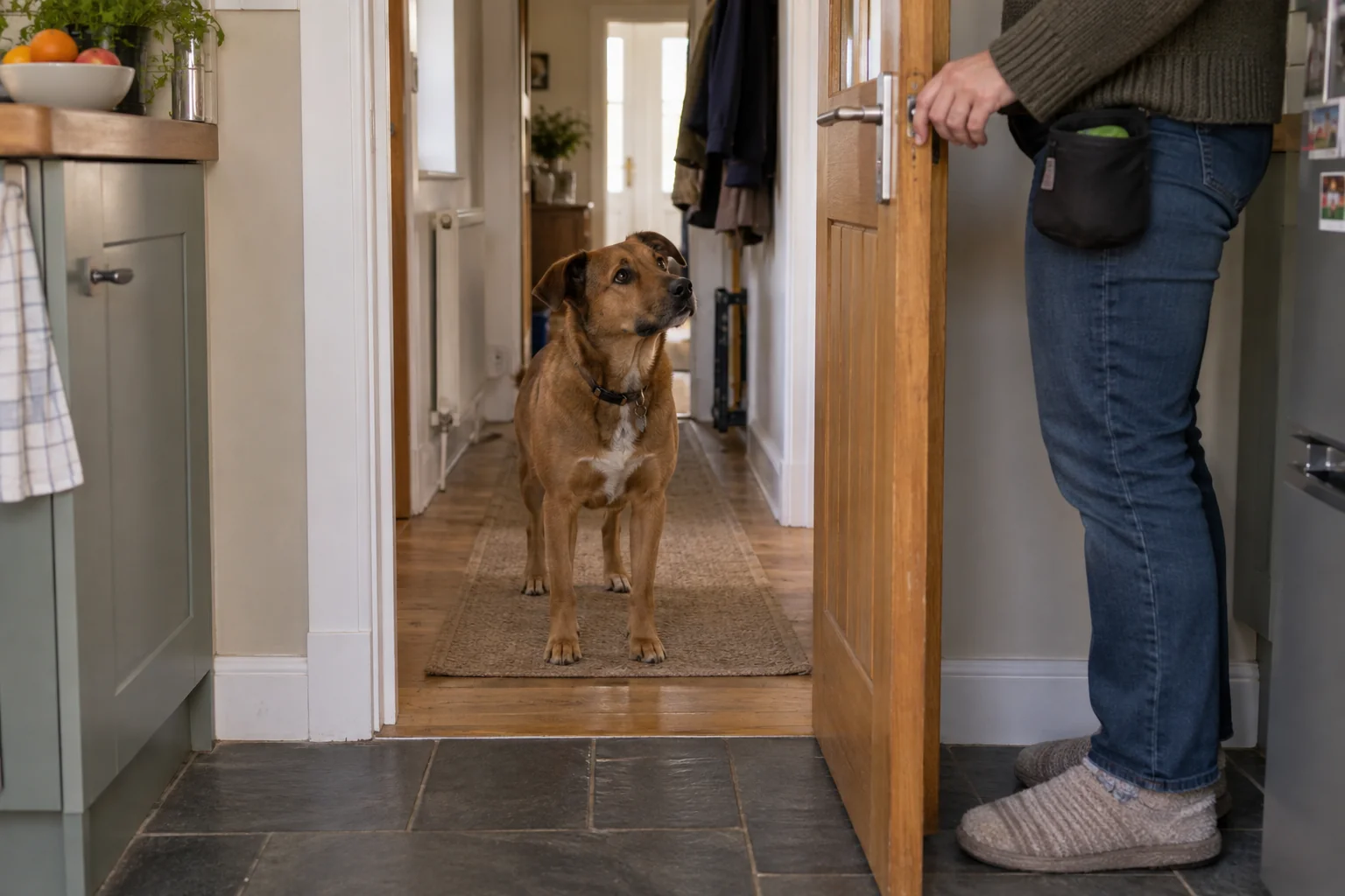 A brown dog stands comfortably back from an open internal doorway while its owner holds the door.