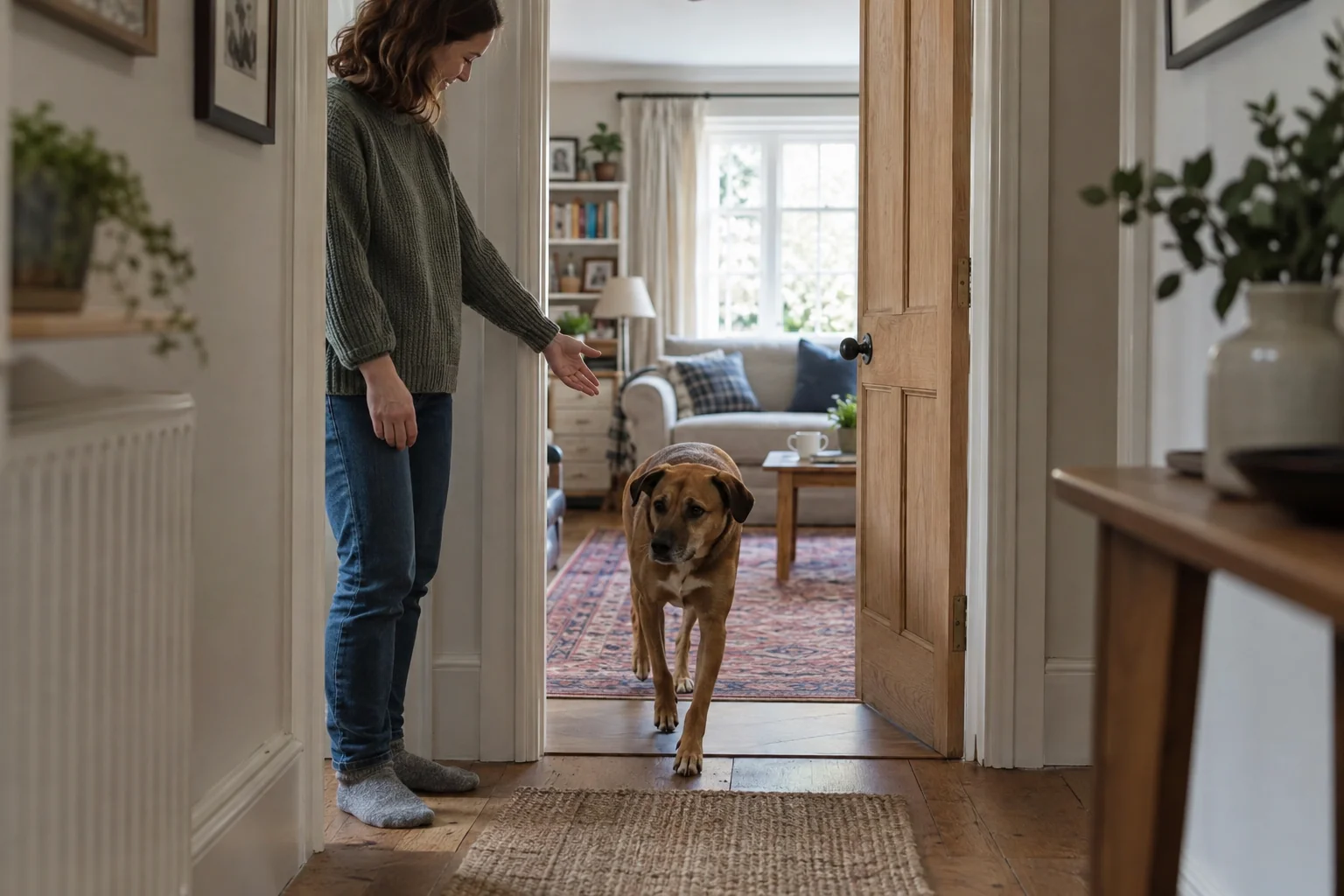 A brown dog calmly walks through an internal doorway as its owner invites it across.