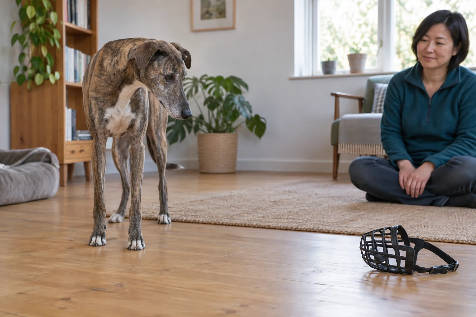 A brindle dog notices a basket muzzle on the floor while the handler sits nearby with hands relaxed.