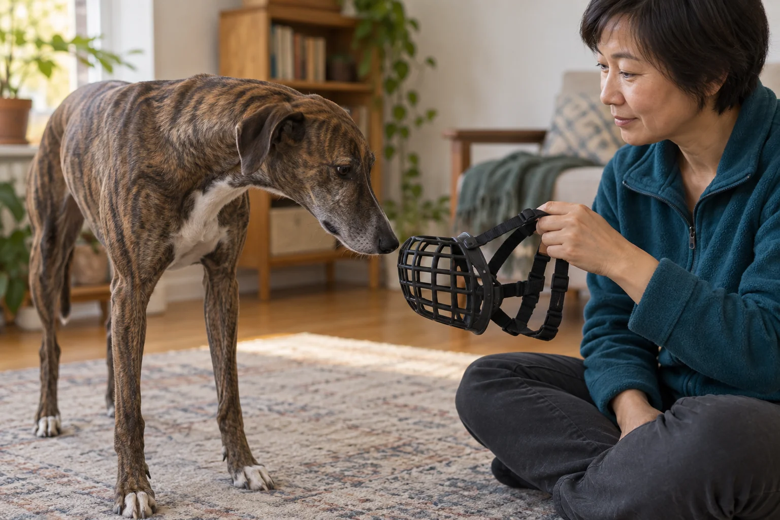 A brindle dog leans towards a stationary basket muzzle held away from its face by the handler.