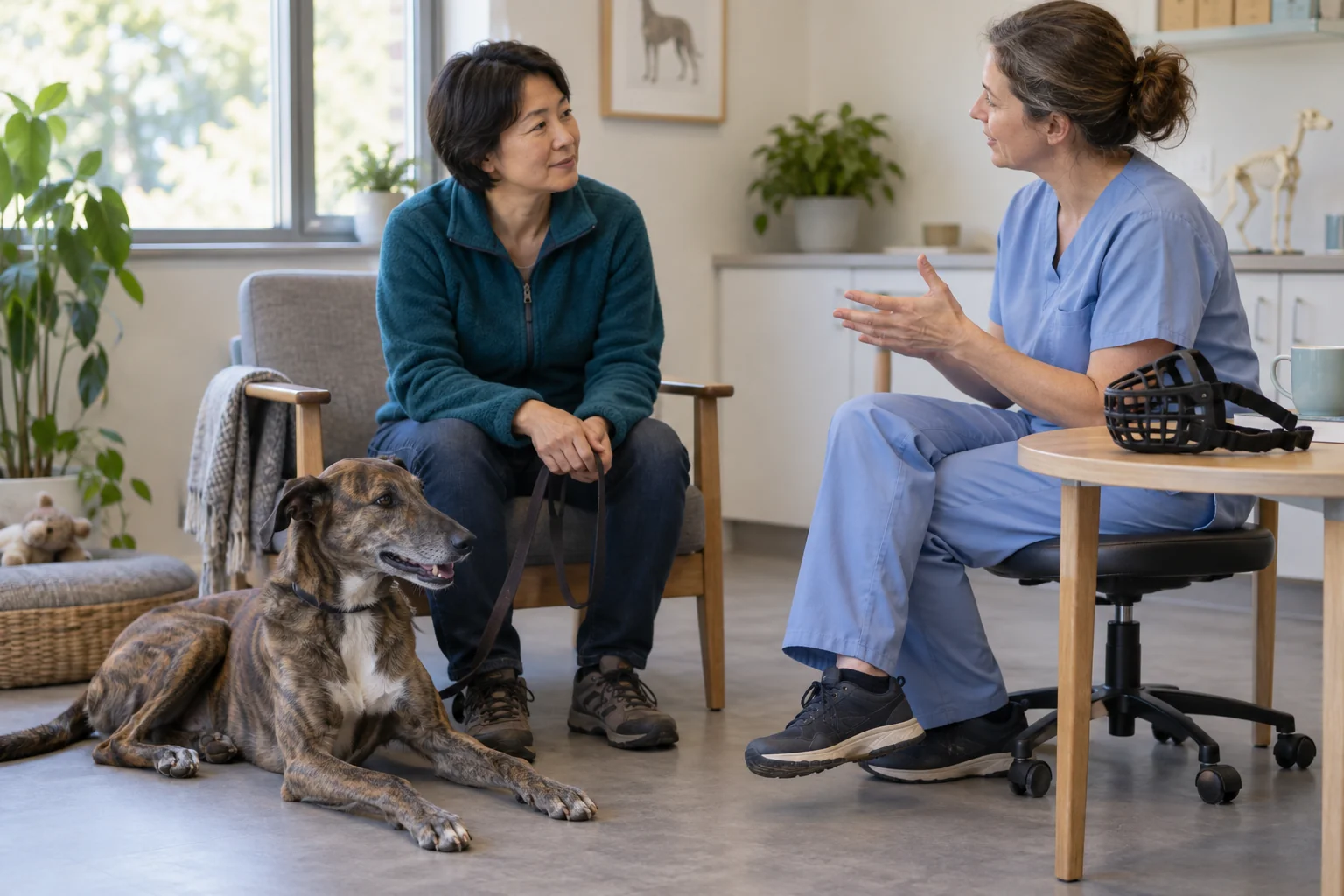 A veterinarian discusses a basket muzzle with a handler while the dog rests beside them.