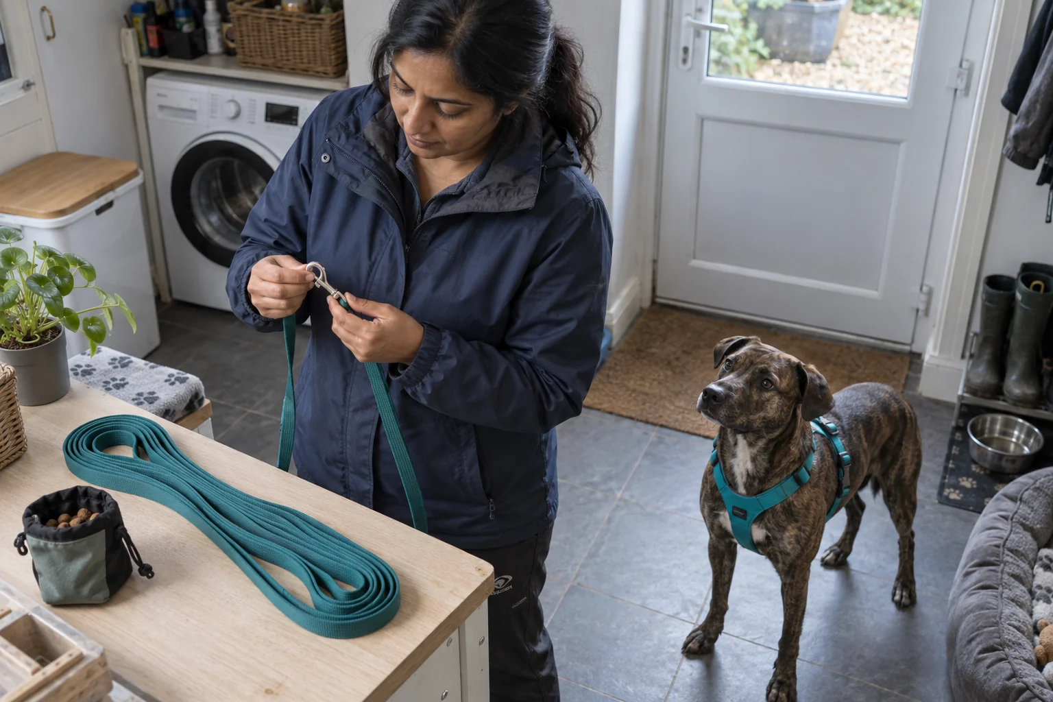 An owner checks the clip on a long line beside a brindle dog wearing a turquoise harness at home.