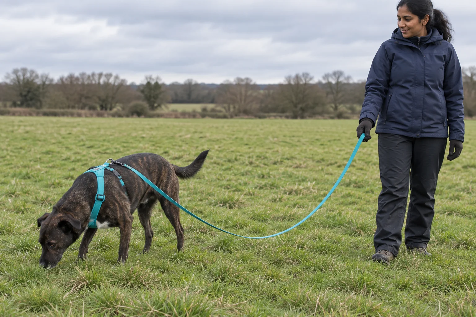 A brindle dog sniffs in an open field with a loose long line attached to its harness and held by its owner.