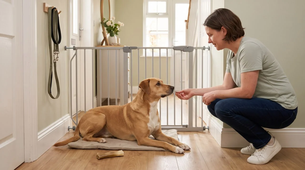 A dog rests on a mat behind a safety gate while its owner calmly offers a reward
