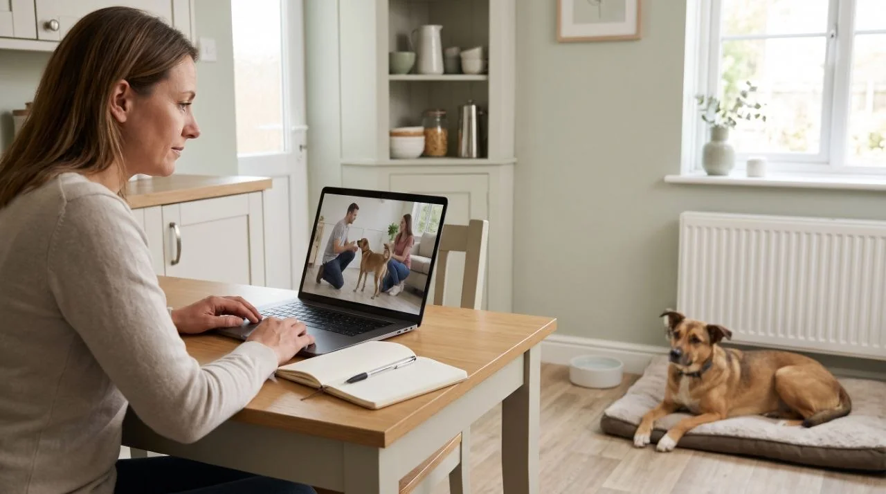 An owner watches a dog-training video on a laptop while her dog rests on a bed nearby