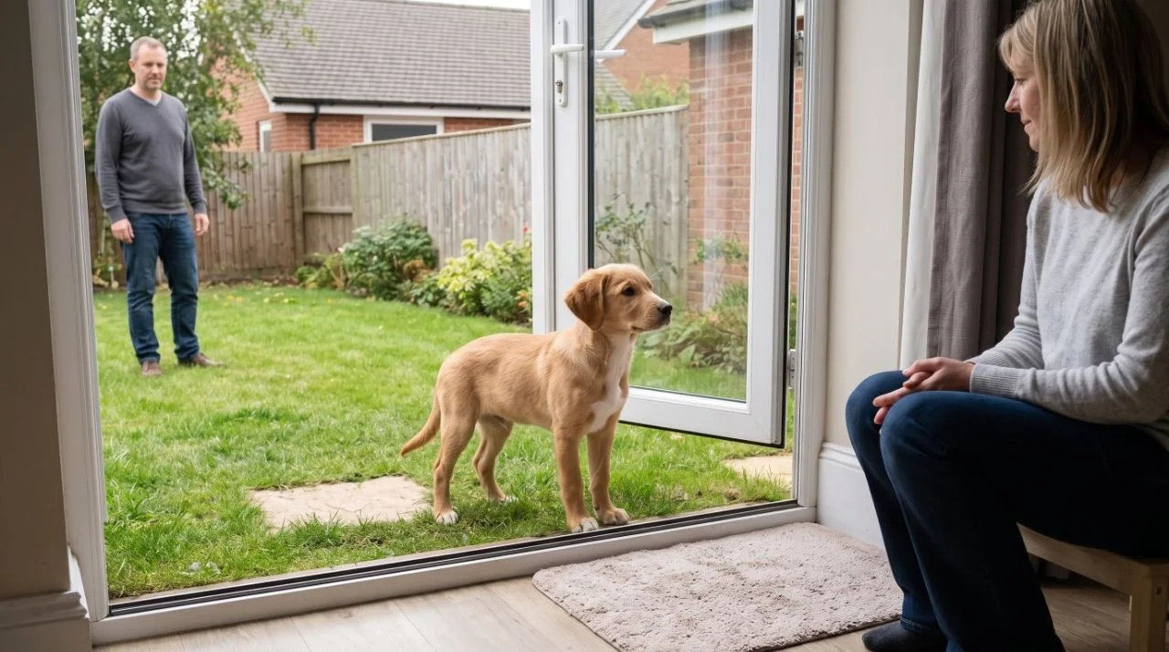 A puppy watches an adult visitor from a doorway while its owner sits nearby